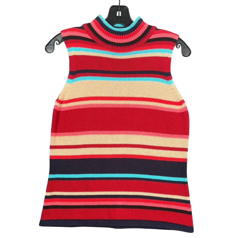 Vintage Harold's Red Striped Mock Neck Sleeveless Cotton Knit Sweater Medium